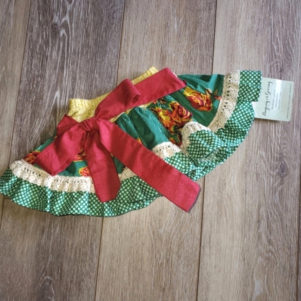 Persnickety Floral Lace Green Ruffled Skirt with Red Bow Size 0-3M